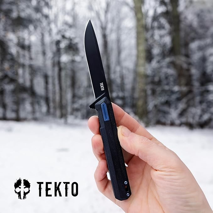 TEKTO F2 Bravo Folding Pocket Knife - D2 Steel Blade Ceramic Ball Bearings - EDC - Snap Swift Flip for Camping Backpacking - 2.4oz (68g) G10 Black Handle Blue Titanium Accents