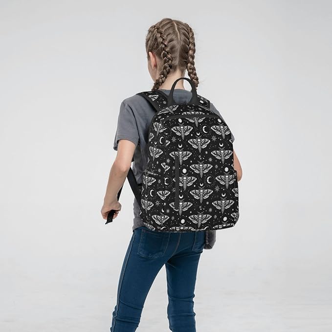 Unisex Backpack Casual Rucksack Big Capacity gothic moth skull sun moon black and white Bookbag with Padded Straps Anti Theft Rucksack for Travel Hiking Camping