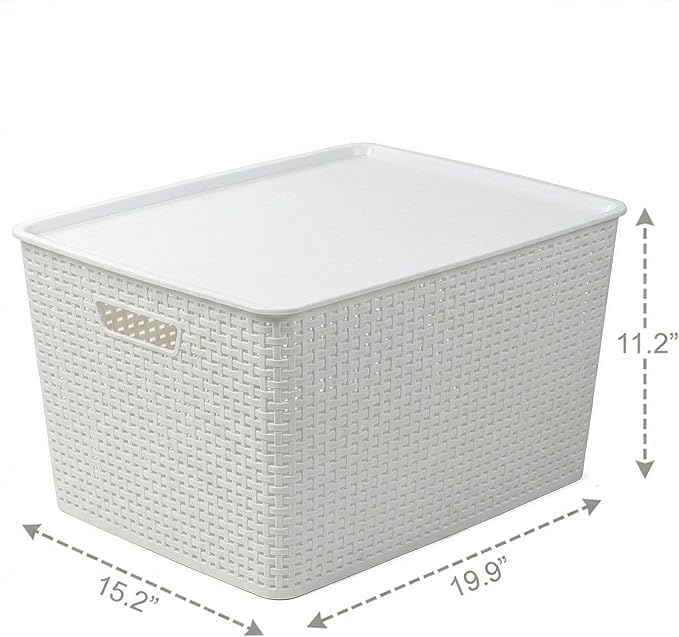 BINO | Plastic Storage Baskets with Lids 45 Liter - 3 Pack White | THE WOVEN COLLECTION | Storage Basket for Shelves | Woven Storage Baskets for Organizing Bins Pantry Shelf Organizer Container Bin