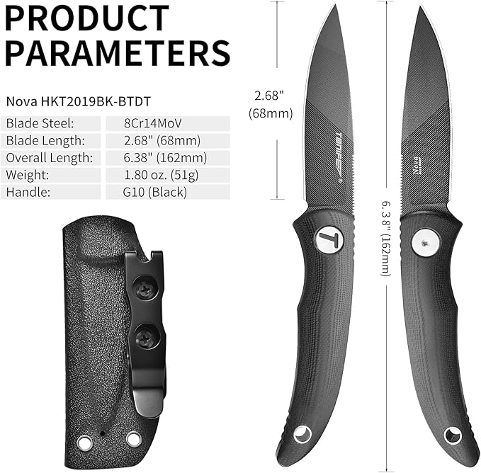 TONIFE Nova 2.68'' Blade Mini Neck Knife Knife Full Tang Fixed Blade Knife with Kydex Sheath and Adjustable Paracord Lanyard for Camping Outdoor Survival Tool (black+texture)