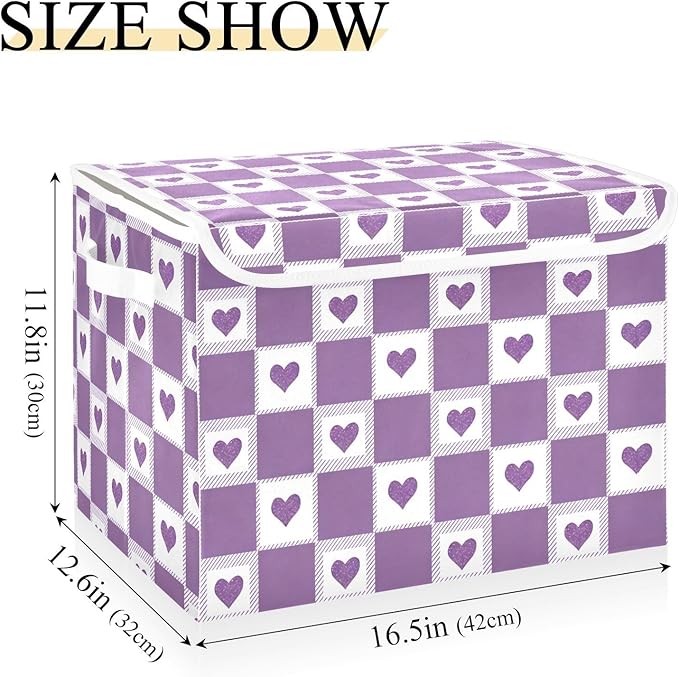 Cute Checkered Purple Hearts Storage Box with Lid 1 PC Foldable Storage Bin with Lids Stackable Storage Bins Cube Closet Organizer Basket with Flip-Top Lid &amp Handles for Shoes Books Towels