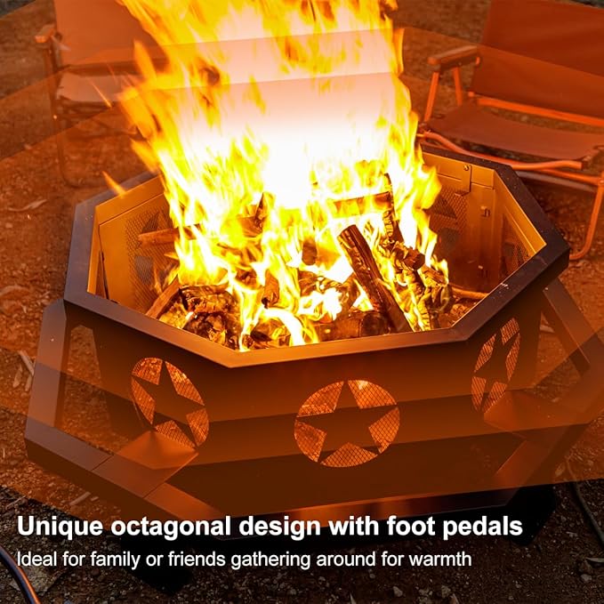 Panovue 42 inch Fire Pit for Outside Heavy Duty Wood Burning Fire Pits with Fire Poker Outdoor Octagonal Firepit for Camping Yard Patio