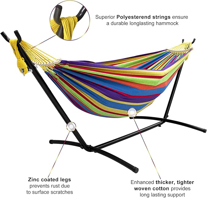 SZHLUX Double Hammock with Stand for Outside 450lb Capacity Steel Stand Premium Carry Bag Included and Two Anti Roll Balance Beam