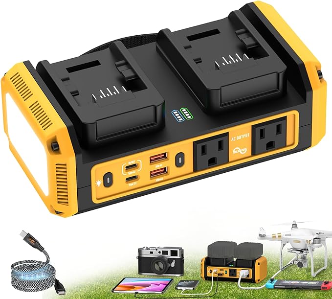 350W Pure Sine Wave Power Inverter Compatible with Dewalt 20V Battery DC 20V to AC 120V Inverter 7A Fast Charger &amp 2 AC Outlet 2 USB Ports &amp 2 Type-C Ports 600LM LED Work Light (No Battery