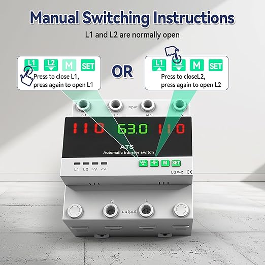63A 110V Automatic/Manual Transfer Switch Dual Power Selector with LED Display for Home Generator and Backup Power L1 Priority Phase Selector Din Rail Mount 50/60Hz