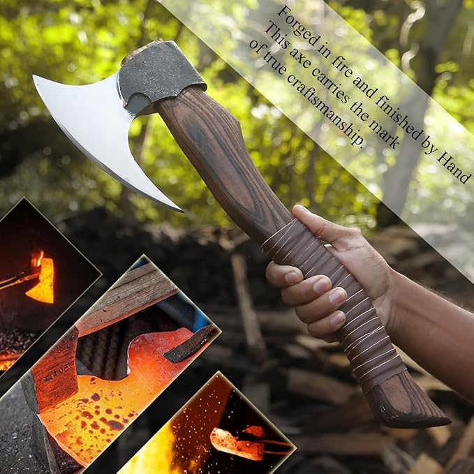 Kacha Store | Custom Handmade Viking Medieval Axe with GiftHand AxesViking Gifts for MenCamping TomahawkBeardedValhalla Ax with Leather Sheath (Battle)