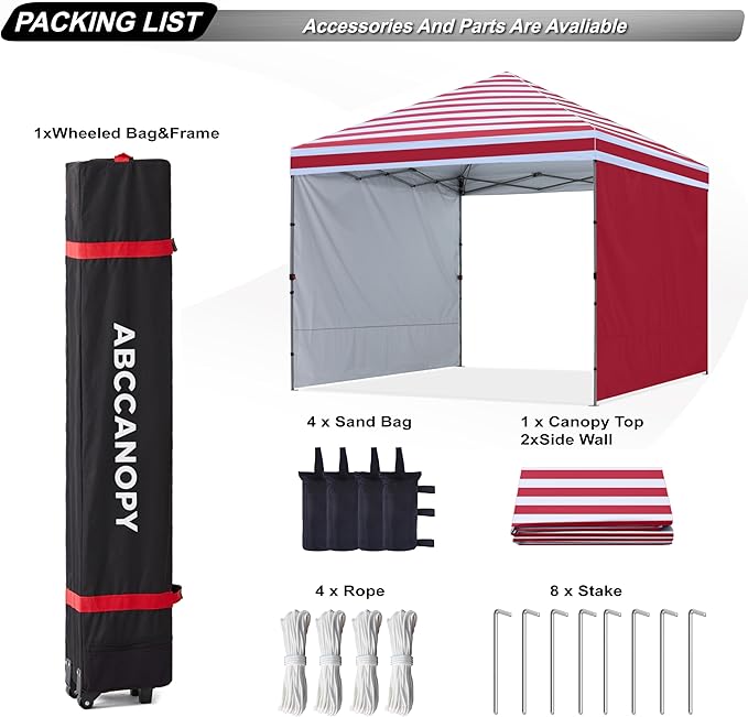 ABCCANOPY Easy Pop up Canopy Tent with 2 Sidewalls for Outdoor Sun Blocking or Rain Protection10x10 Red Stripes