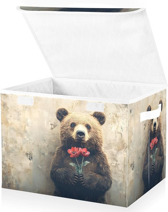 AIXIWAWA Lidded Storage Cube (Bear Valentine) Fabric Foldable Closet Bins with Flip Lid and Handles Organizer Basket Container 16.5 x 12.6 x 11.8 IN