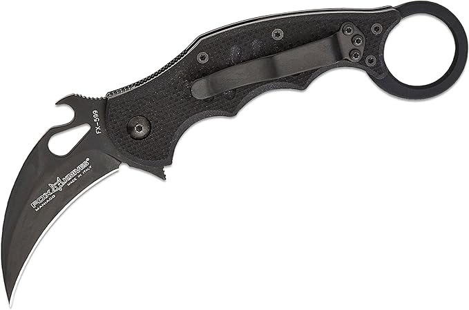 Fox Knives FX-599 G10 Black Emerson Wave Folding Karambit Rapid One-Handed Deployment Teflon Coating Black Idroglider Blade Finish Pocket Clip
