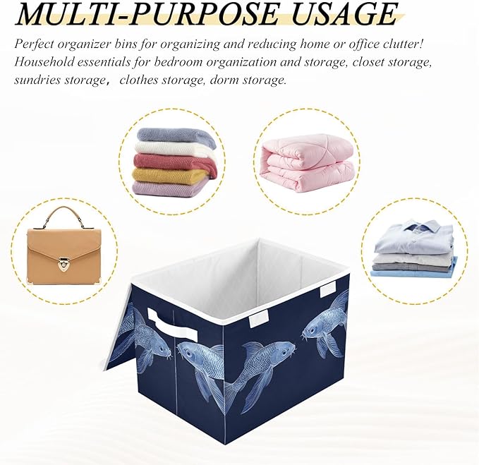 AIXIWAWA Lidded Storage Cube (Fishes Blue) Fabric Foldable Closet Bins with Flip Lid and Handles Organizer Basket Container 16.5 x 12.6 x 11.8 IN