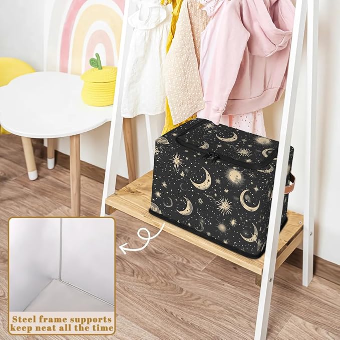 Black Moon Storage Bins with Zipper Lid 2pcs Stackable Storage Baskets Boxes with Metal Frame Closet Storage Cube Bin Organizer with PU Handles Clothes Storage Bag