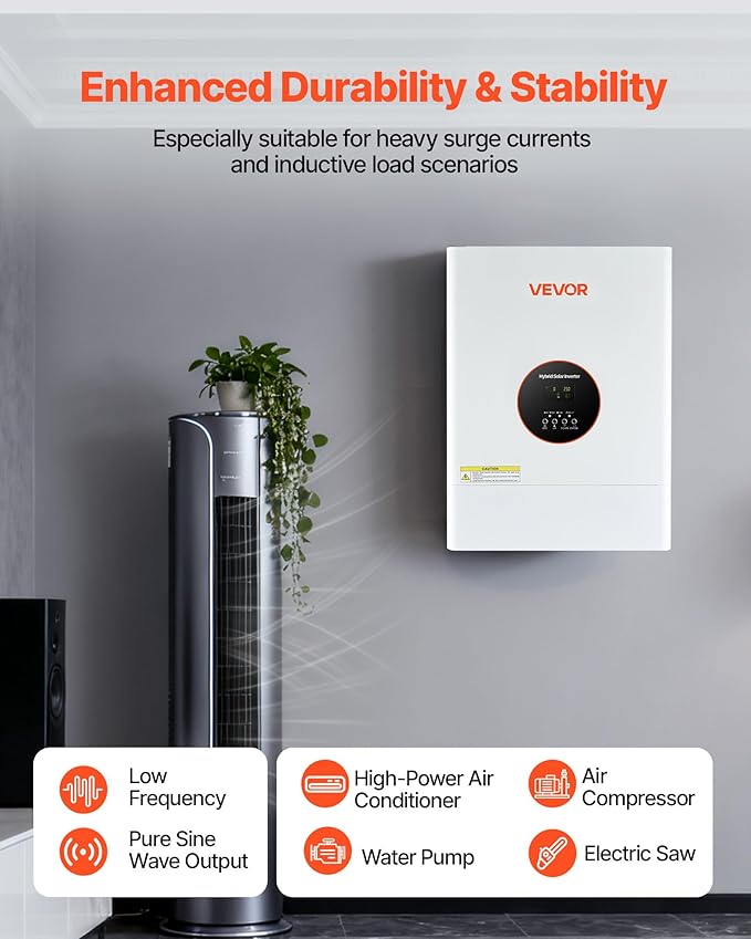 VEVOR 6400W 48V Hybrid Solar Inverter 120V/240V Split Phase Built-in 120A MPPT Solar Charge Controller Low Frequency Pure Sine Wave Power Inverter for Lead Acid Lithium Battery Off-Grid NO WiFi