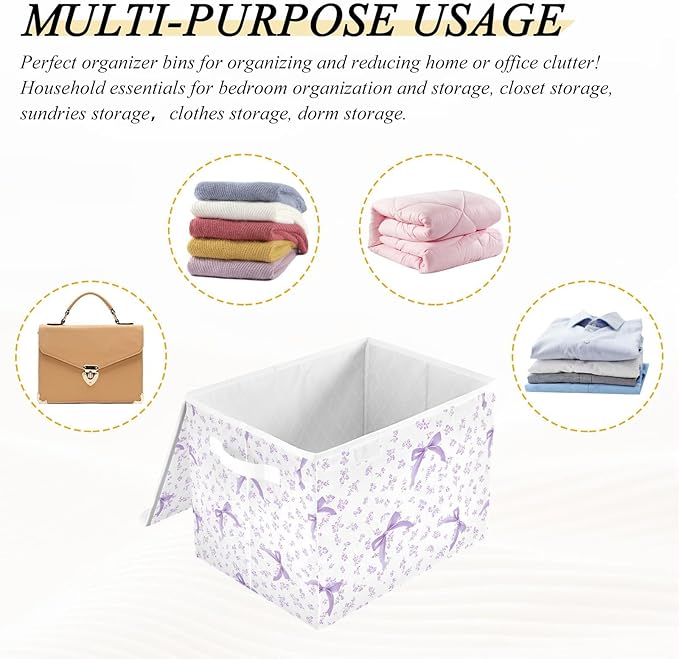 ALAZA Purple Floral Bow Storage Bins Organizer Box Baskets Lidded Clothes for Shelves Closet Collapsible Stackable Storage Cubes Handles