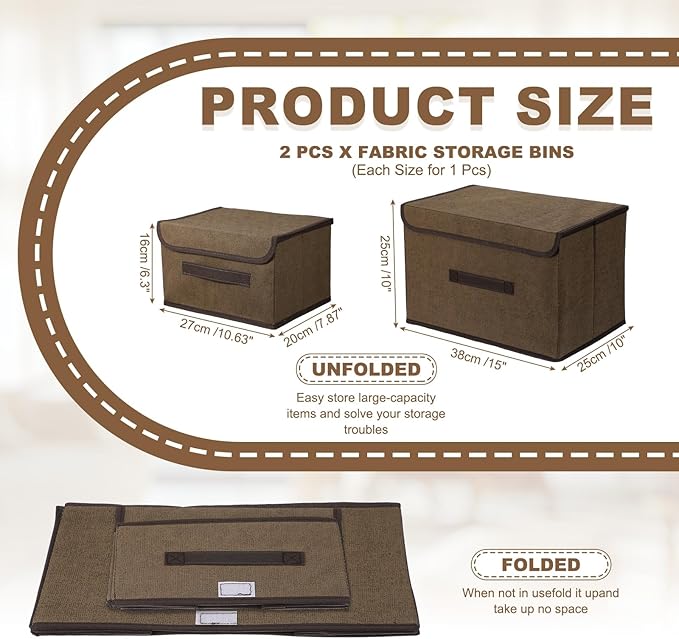 uxcell 2Pcs Storage Bin with Lid Fabric Foldable Box Decorative Storage Boxes with Lids for Keepsake Shelf Closet Nursery Home Bedroom(Brown S &amp L Size)