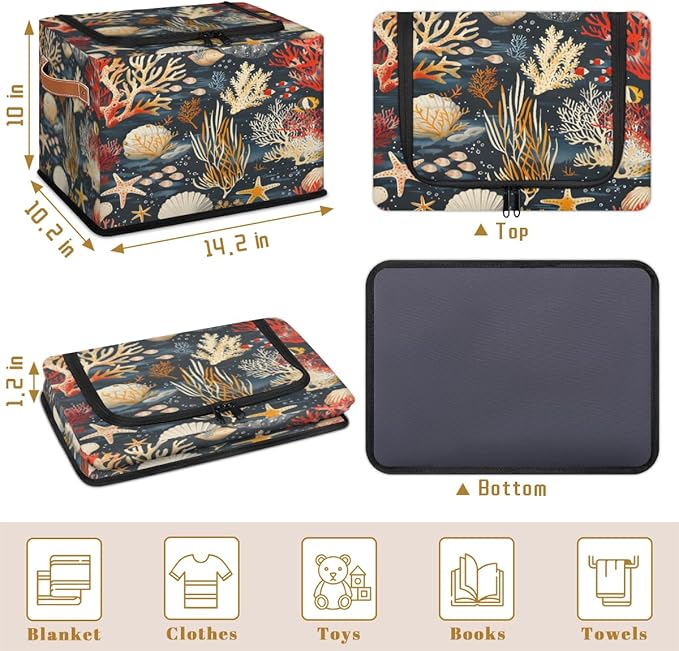 Sea Ocean Storage Box with Lid Seashell Collapsible Storage Bins Baskets Cubes Closet Shelf Clothes Organizer Containers with PU Leather Handles