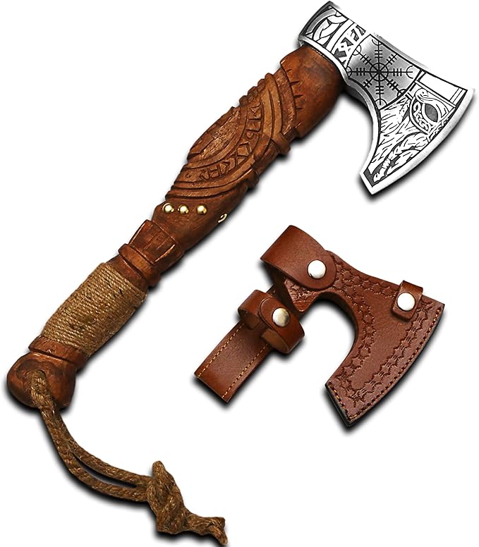Custom Gift Forged Carbon Steel Viking Style Axe Bearded Axe with Rose Wood Shaft Tomahawk - Real Hatchet Best Gift for Christmas Anniversary Valentine's Day Birthday Premium Leather Sheath
