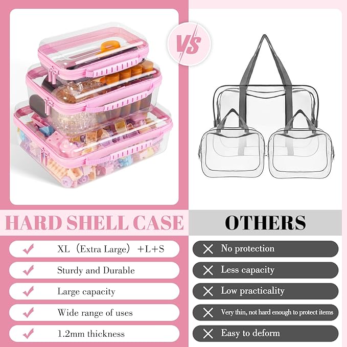 Bottom-Deepened-3 Pack Clear Hard Shell Zipper Case L+M+SPortable Zipper Bags Waterproof Cosmetics BagsOrganizer Pouch For SnacksToyDiapersTravelPink