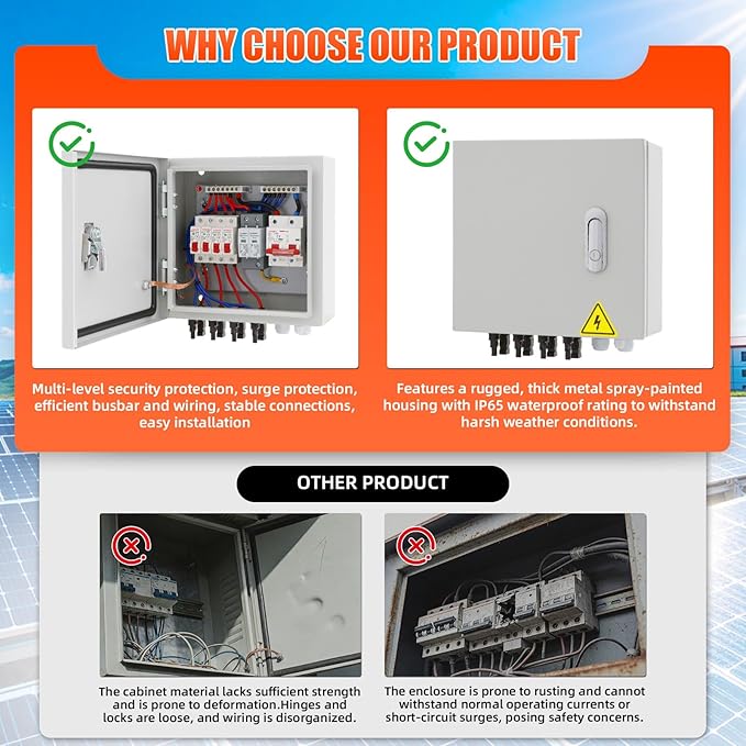 4 String Metal Solar Combiner Box IP65 Waterproof PV Combiner Box with 20A Rated Current Fuse 63A Air Circuit BreakerLightning Arrester for On/Off Grid Solar Panel System