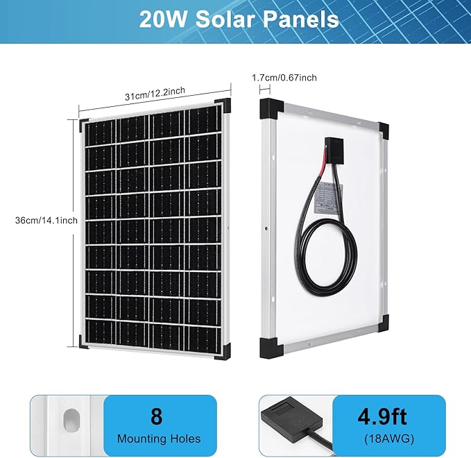 Solar Panels Kit Monocrystalline Solar Battery Maintainer 12V 10A Charge Controller with Extension Cable and Clips O-Ring Terminal fit RV Car Rooftop Camp Off Grid Applications(20W)
