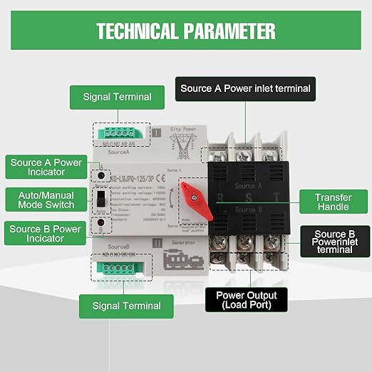 3P 100A Dual Power Automatic Transfer Switch 110V Generator Changeover Switch Tools Dual Power Transfer Switch Din Rail Mounting Type 50HZ/60HZ
