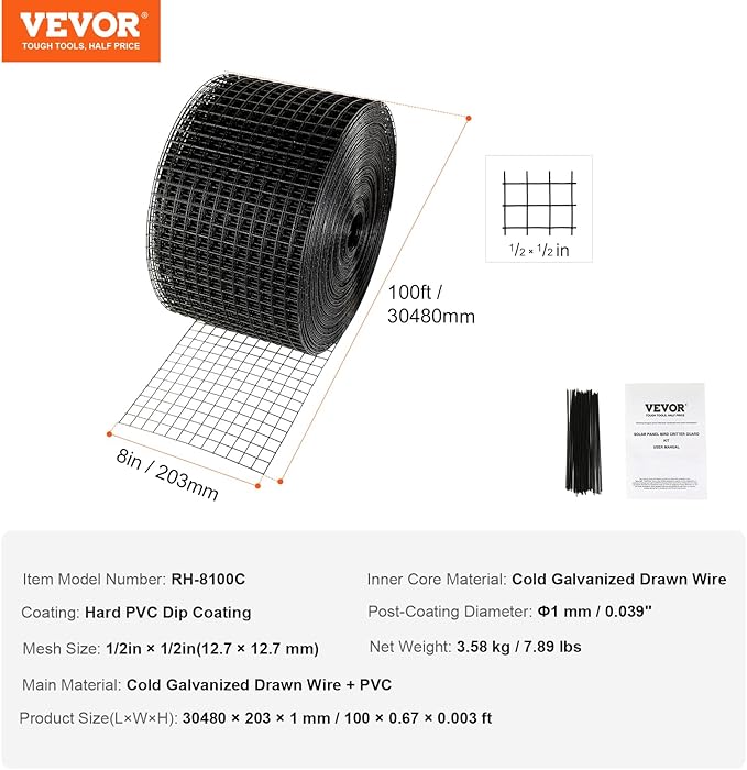 VEVOR 8inch x 98ft Critter Guard for Solar Panels PVC Coated Wire Mesh Roll Kit with 50pcs Ties for Pigeon Deterrent Bird Squirrel Proof Black