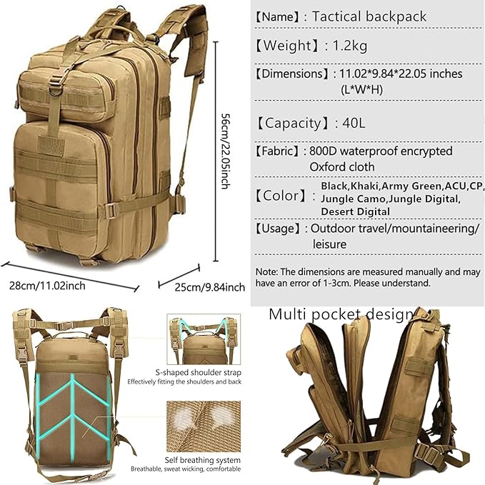 40L Tactical Backpack for Men and Women Army 3 Days Assault Pack Bag Large Rucksack for Hiking Travel Trekking Grey Digital