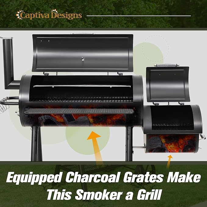 Captiva Designs Heavy Duty Outdoor SmokerExtra Large Cooking Area(941 sq.in. in Total) Offset Smoker Best Charcoal Smoker and Grill Combo for Outdoor Garden Patio and Backyard Cooking