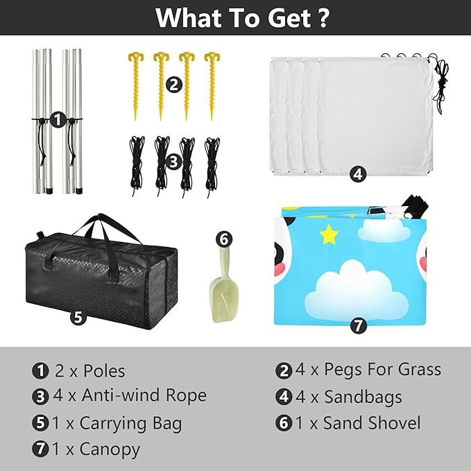 Panda Beach Canopy Sun Shelter with Sandbags &amp Sand Shovel &amp Windproof Ropes - Portable 110x126 Beach Shade Beach Tent for Camping Picnics