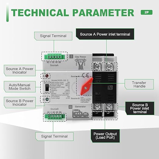 100Amp AC 220V Automatic/Manual Transfer Switch 2P 50/60Hz 2POLE 100A Mini ATS Solar Auto Dual Power Switch for Home Din Rail Mounted Cn Automatic Changeover Fast Transfe for Rv Lv Power