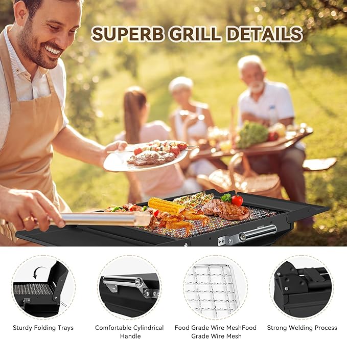 Portable Charcoal Grill Foldable Grills BBQ Grill Charcoal Small Grill for Travel Camping Outdoor Cooking Backyard Hiking Patio Garden Picnics Black