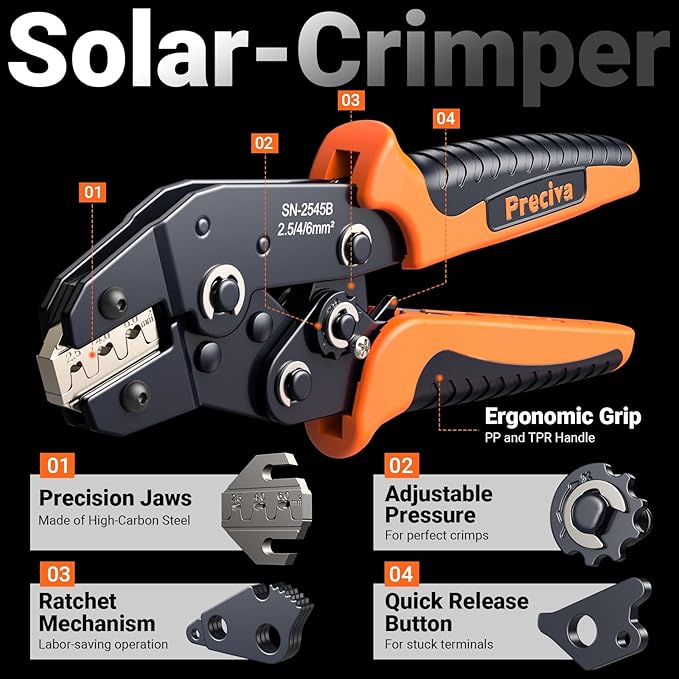 Preciva Solar Crimper Tool Kit 10 Pairs MC4 Connectors &amp 2 Wrench 1 Ratcheting Crimper for 16-6 AWG (2.5-6mm²) Cable Waterproof PV Connector Assembly Kit with Carry Case for Solar Installation