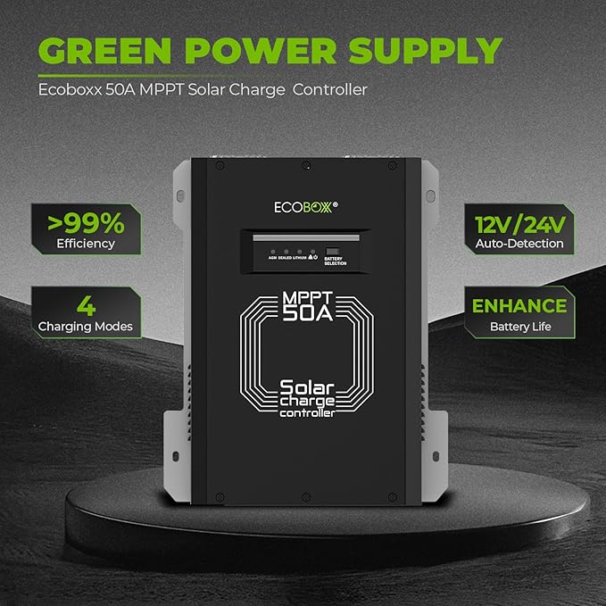 50 Amp MPPT Solar Charge Controller 12/24V Auto Detection Commercial Grade Multi-Charging Modes with Reverse Polarity Protection for Home and RV Use