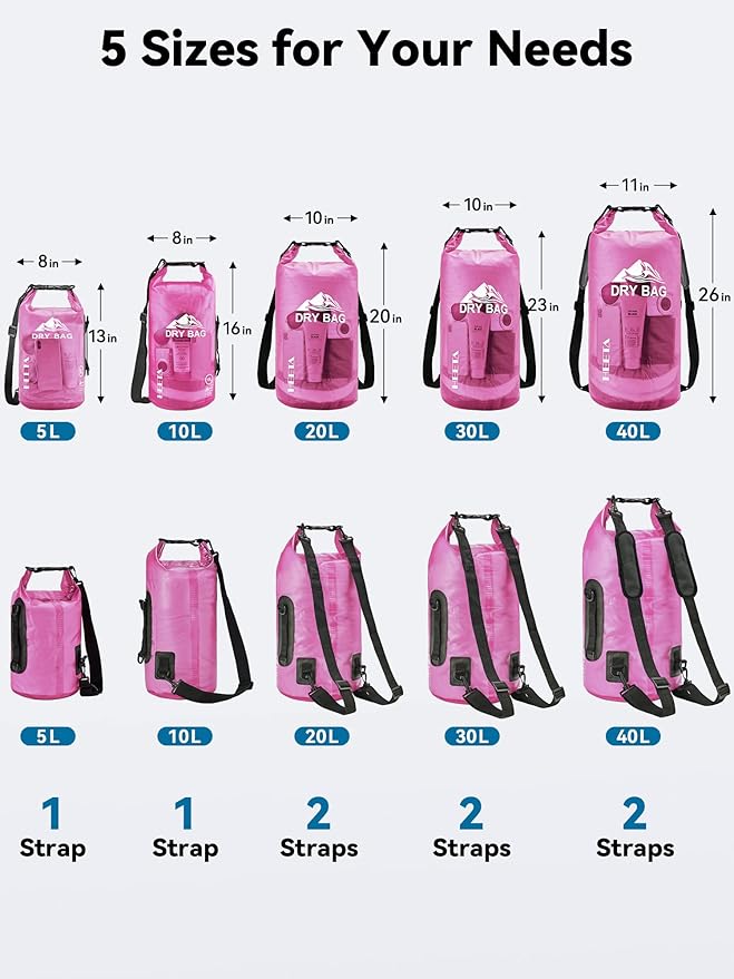 HEETA Waterproof Dry Bag with Phone Case Bundled with Upgraded Version with Emergency Whistle for Women Men Roll Top Lightweight Dry Storage Bag Backpack (Pink 5L)