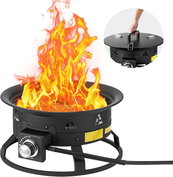 VEVOR Propane Fire Pit 19-Inch Diameter Outdoor Portable Gas Fire Pit with Cover &amp Lava Rocks Adjustable Flame Height Camping Firepit for Heating Lighting Gathering 58000 BTU Black