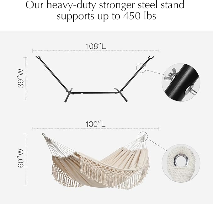 PNAEUT Handmade Tassel Hammocks Double Hammock with Stand for Outside Max 450 lbs Capacity Pillow &amp Storage Bag Included (Beige)