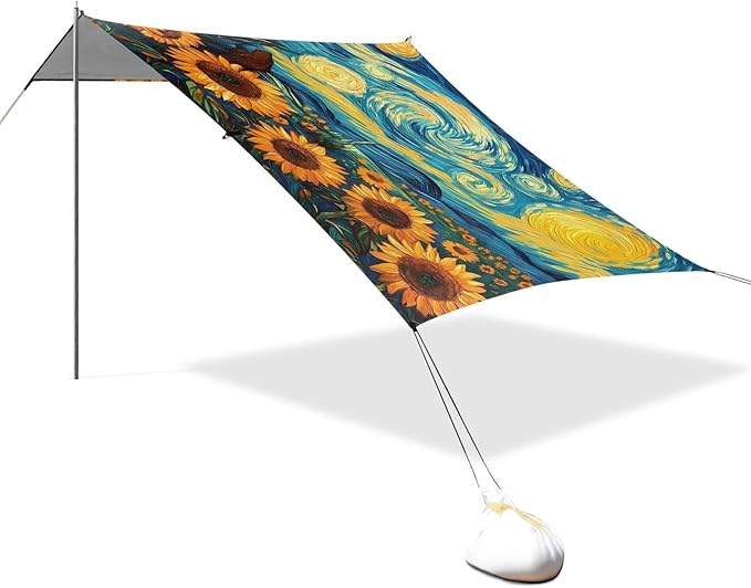 ALAZA Starry Sky Sunflowers Gogh Beach Tent Sun Shelter UPF50+ Protection Beach Shade Canopy w/ 4 Sandbags for Outdoor Camping Fishing Backyard Fun Picnic 10x9 ft