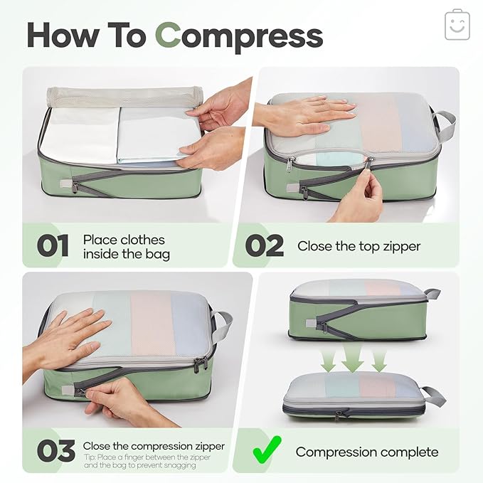 Veken 11 Set Compression Packing Cubes for Travel EssentialsCompressible Expandable Large Luggage Suitcase Organizer Bags for ClothingDurable Space Saver Storage Bags(Matcha Green)