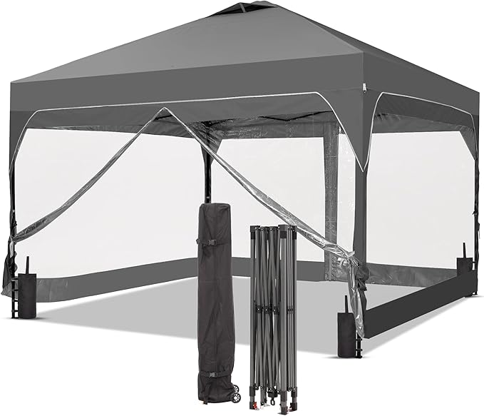 GDY 8x8FT Outdoor Pop Up Canopy Tent with One Push Setup Easy Setup Gazebo with 4 PVC Transparent Sidewalls for Events Parties Camping Gray