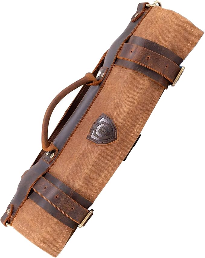Dalstrong Nomad Knife Wrap Roll - 12oz Waxed Canvas Top Grain Leather Knife Roll Bag- 13 Slots - Interior &amp Rear Zipper Pockets - Travel Storage with Blade