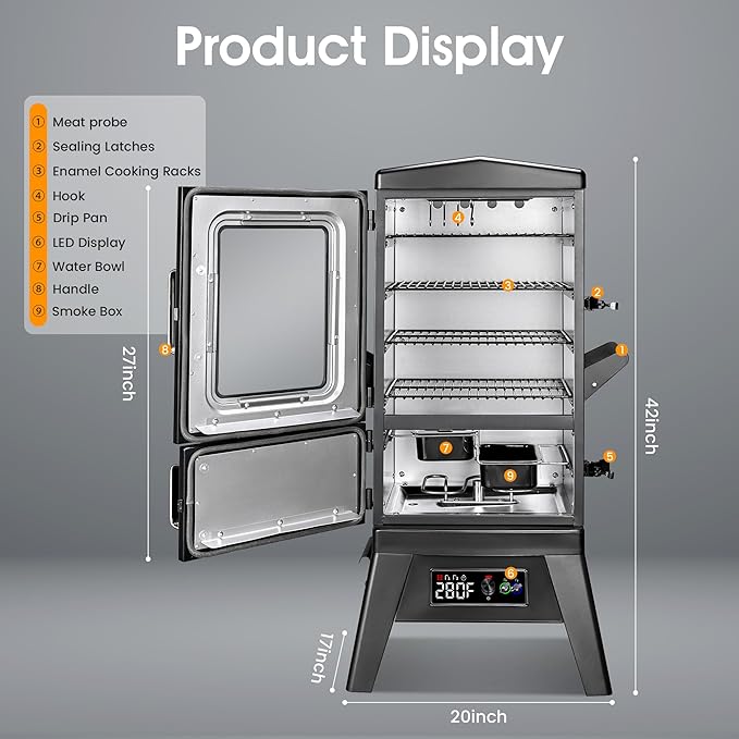 Vertical Electric Smoker with Cover &amp Meat Probe BBQ Smokers with 4 Cooking Grates 633 Sq.in Cooking Space LED Temperature Control for Outdoor CookingSmoke RibsBrisketChicken