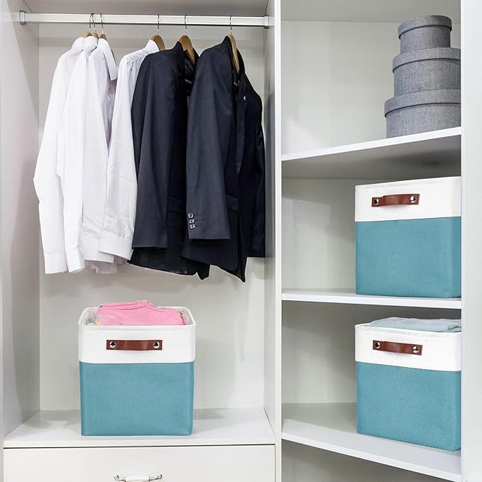 Collapsible Fabric Storage Cubes 11x11 Cube Storage Bins 4 Pack Closet Baskets Box with Handles for Organizing Shelf Toys Clothes Home Office Nursery (Teal&ampWhite)