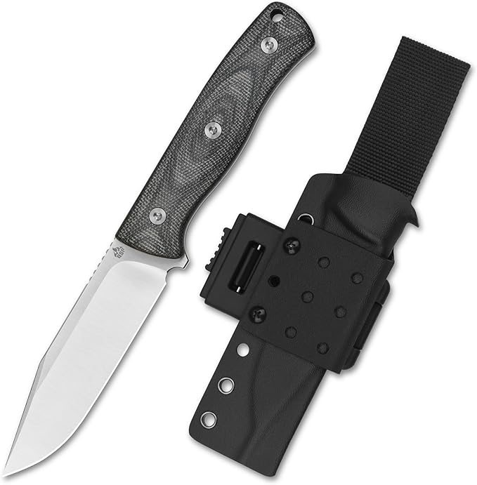 QSP Bison Fixed Blade Knife 4.5'' D2 Satin Blade Camping Knives with Kydex Sheath Black Micarta Handle EDC Knife for Outdoor Hiking Survival Hunting