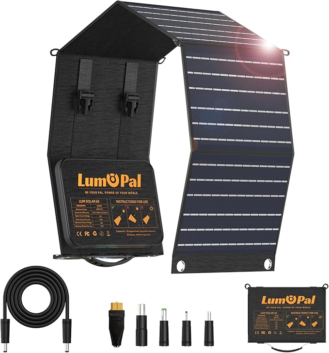 Portable Solar Panel LUMOPAL 60W Foldable Solar Panels Folding Solar Charger with PD60W USB C QC3.0 USB A Output Waterproof for Camping Backpacking Compatible with Phone Laptop Portable Power Station