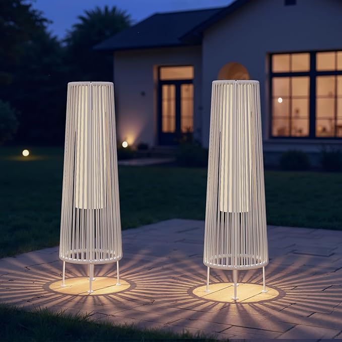 Grand patio Outdoor Floor Solar Light 2-Pack Wicker Solar Patio Lamp Waterproof Outside Deck Lamp for Porch Yard Garden Lawn Decorations - White Gordes 2 PCS