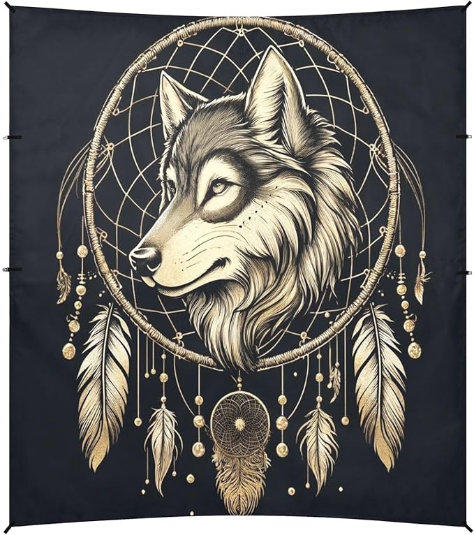 ALAZA Wolf Dream Catcher Boho Beach Tent Sun Shelter UPF50+ Protection Beach Shade Canopy w/ 4 Sandbags for Outdoor Camping Fishing Backyard Fun Picnic 10x9 ft