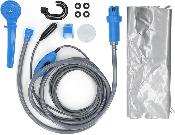 JTLB Adjustable Water Camping Shower Kit Portable Outdoor Camping Shower System with Suction Cup and Hooks for Car Washing Travel (Blue)