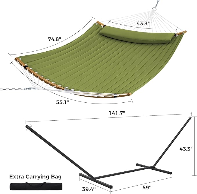 SUPERJARE Curved-Bar Hammock with Stand 2 Person Heavy Duty Hammock Frame Detachable Pillow &amp Portable Carrying Bag Perfect for Outdoor &amp Indoor Spring Green