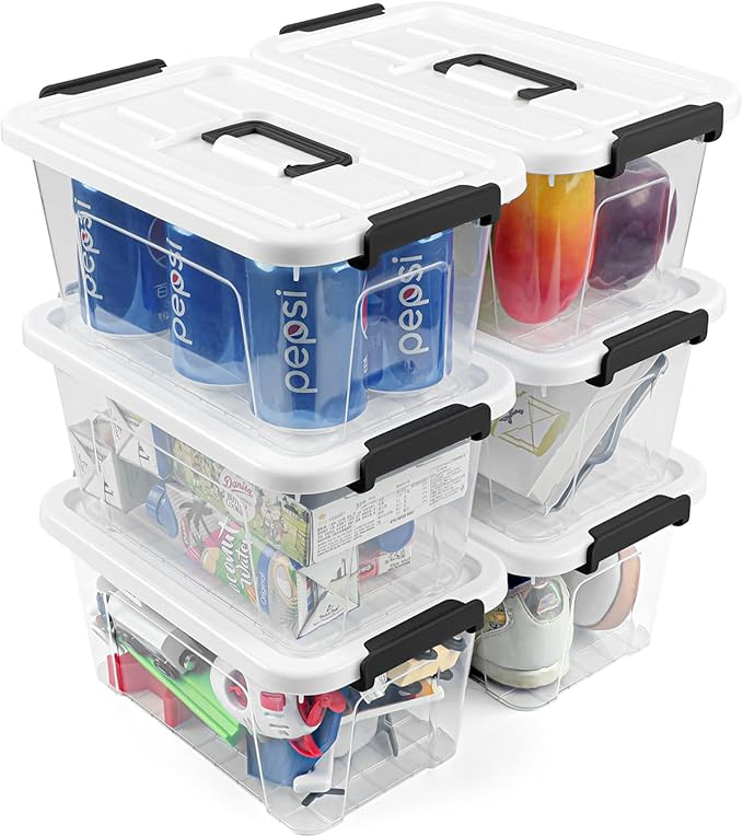 NUMIFUN 12 Pack Clear Plastic Storage Bins with Buckle Handle Lids 6 Clear and 6 White Lids 7 Quart for Home Office Pantry Organization.