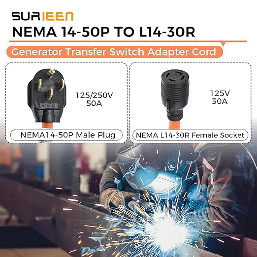 NEMA 14-50P to L14-30R Generator Welder Adapter Plug Cord 1.5FT 50 Amp to 30 Amp 4 Prong Locking Generator Transfer Switch Adapter 125/250V STW 10AWG ETL Listed