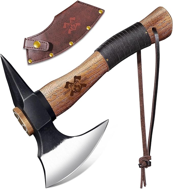 Grumpy Bear 11 Camping Hatchet Survival Axe with Sheath High Carbon Steel and Wood Handle Anti-Slip Grip – Ideal for Bushcraft Wood Splitting &amp Outdoor Adventures